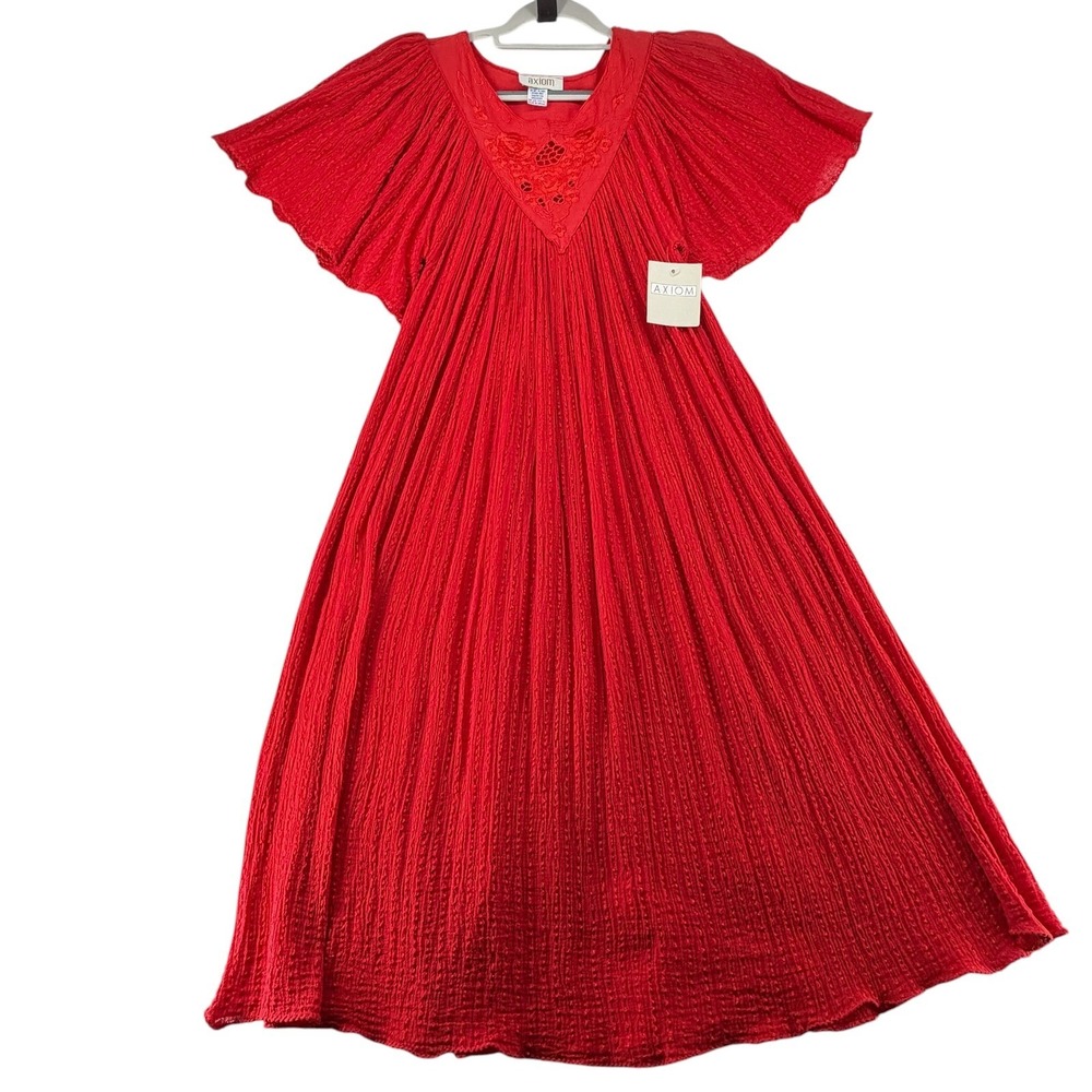 Axiom Greece Red Crinkle Gauze Caftan Dress One Size Embroidered Boho Resort